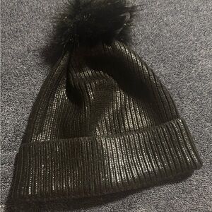 Aerie Shiny Black Beanie with Faux Fur Pom-Pom